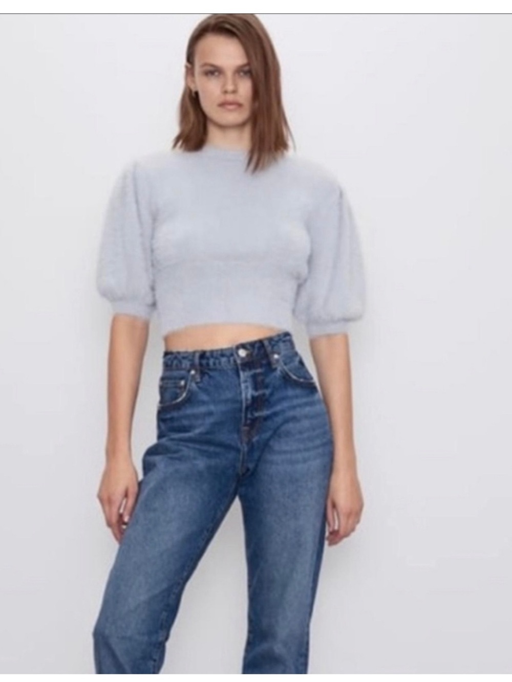 Zara Cropped Puff-Sleeve Knit Top